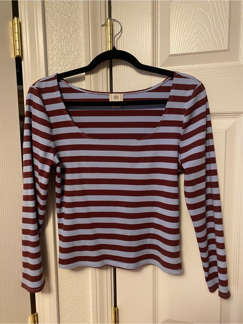BDG Striped Long-Sleeve Scoop Neck Top in Light Blue and Brown